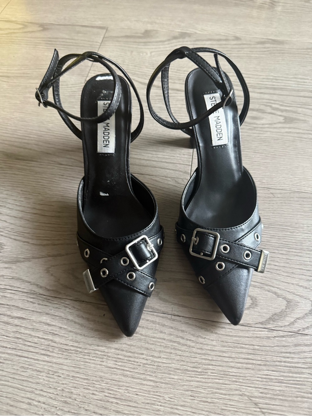 Steve Madden Black Pointed Toe Ankle Strap Heels with Buckle & Grommet Detail